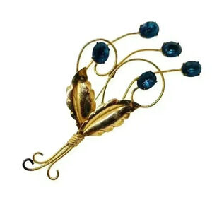 Vtg Brooch 12k Gold plate 925 Sterling Silver Blue Rhinestone Flower